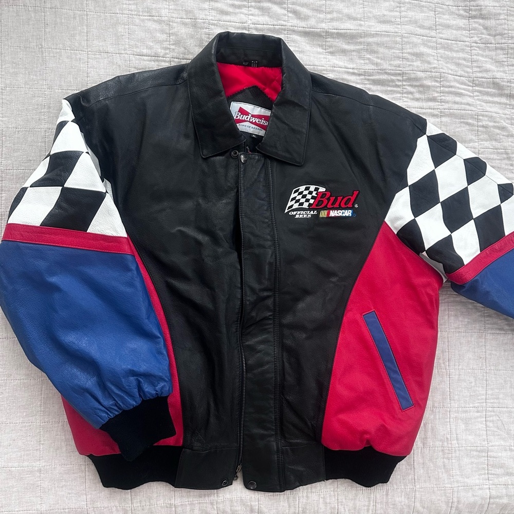 VTG Budweiser NASCAR Leather Bomber Jacket with black/white checker design